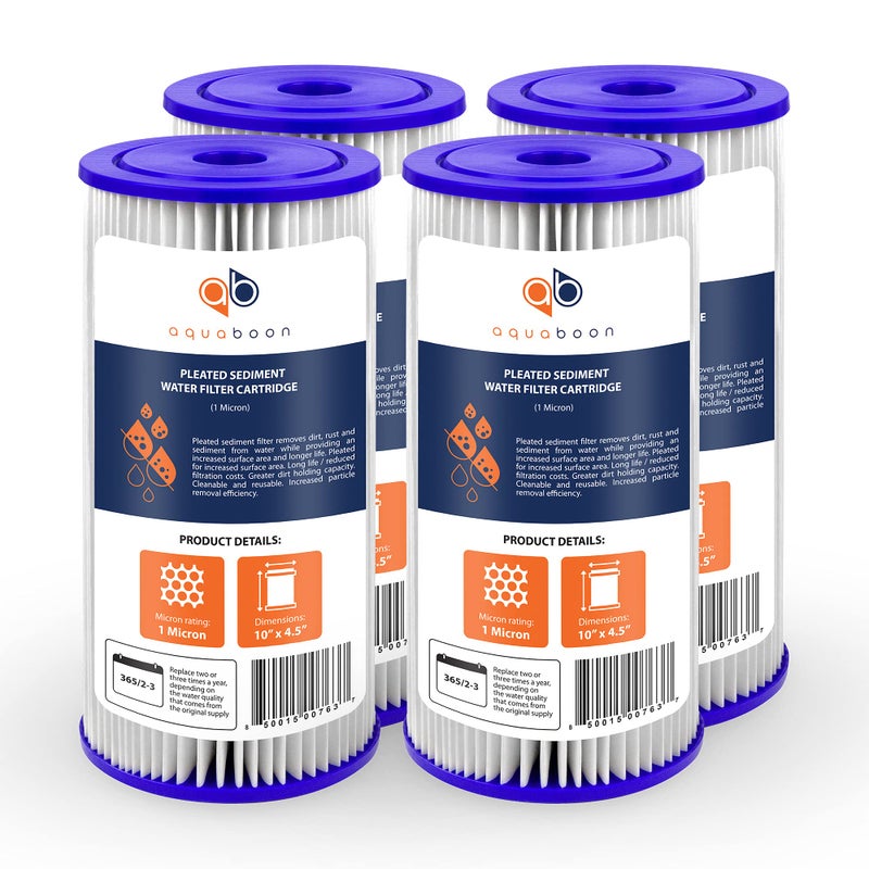 Aquaboon 1 Micron Pleated Water Filter 10 x 4.5 for Whole House Sediment Water Filter Replacement Compatible with Well Filters FXHSC, R50-BBSA (4-PACK) - Image 1